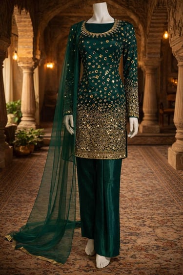 Bottle Green Party Wear Suit with Gold Mirror Work and Sequence Embroidery - Sana Fashion House