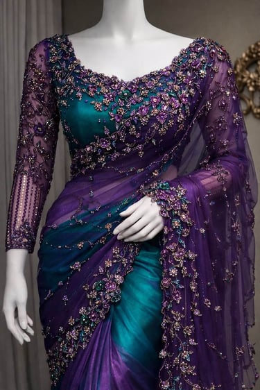 Elegant purple and teal silk designer saree with intricate floral beadwork and embroidery.