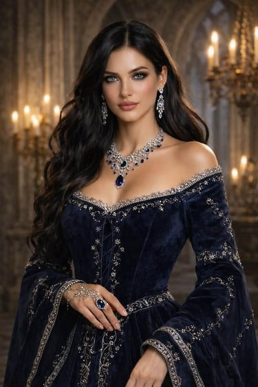 Navy Blue Velvet Off-Shoulder Gown with Silver Embroidery and Royal Blue Jewelry - Sana Fashion House