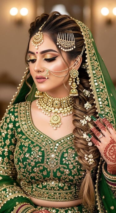 Emerald Green Bridal Lehenga with Gold Embroidery and Traditional Kundan Jewelry - Sana Fashion House