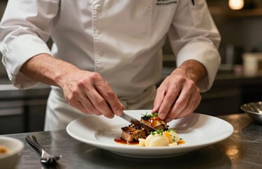 Photography of an artisanal chef in a Western European restaurant kitchen plating a gourmet dish, focused on the textures of the food. The style is cozy yet professional, with soft shadows and warm highlights.