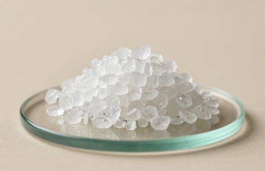 A scientific macro-photography shot of translucent white ceramide crystals resting on a clean glass surface. The lighting is soft and neutral beige, conveying precision and purity. Minimalist European luxury style.
