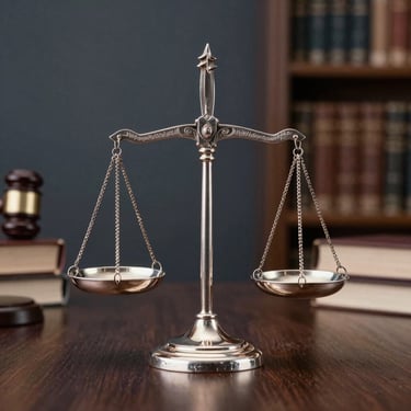 A close-up of high-quality silver scales of justice on a dark wooden table in a law library, professional lighting in navy and grey tones.