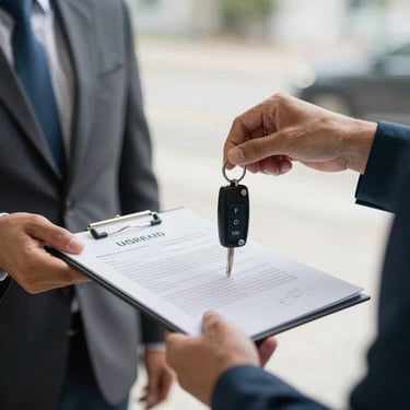 A person handing a set of car keys and a document to another person, suggesting a successful administrative resolution in a bright Brazilian setting.