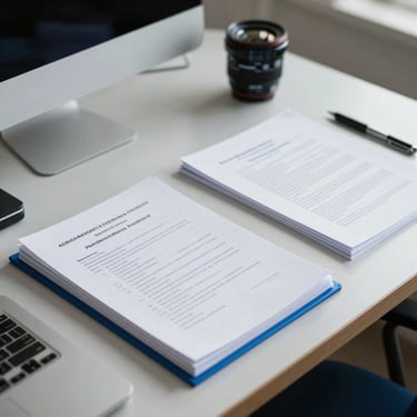 A clean and modern Brazilian workspace with documents neatly arranged on a table, steel blue accents, evoking a sense of efficiency and order.