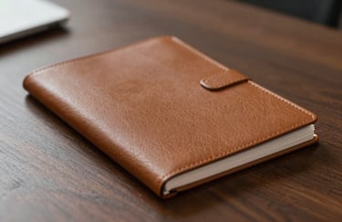 A detailed photograph of a professional North American / European consulting environment, featuring a rich tobacco brown portfolio and sharp architectural lines.