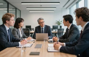 A group of professionals in a modern North American / European office setting, engaged in a strategic meeting about international trade.