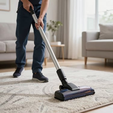 Action shot of a cleaning professional vacuuming a designer rug in a bright, modern North American home, focusing on care and efficiency.
