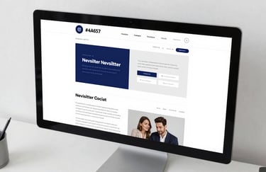 A top-down view of a beautifully designed newsletter on a high-end monitor in a clean, professional workspace, utilizing #4A6572 and #F6F7F9.
