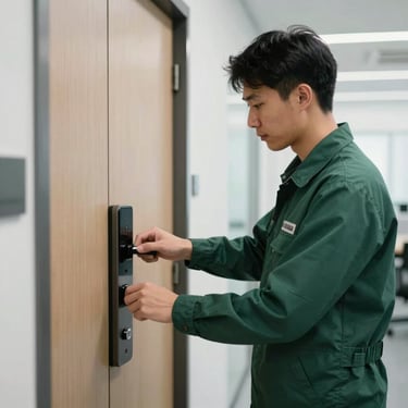 Professional technician in a neat dark green uniform servicing an electronic door lock in a bright, modern North American office hallway.