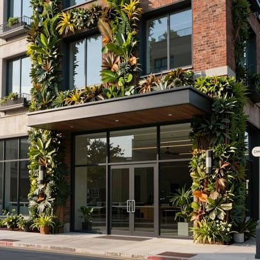 Modern building facade in North America featuring eco-friendly architectural design and a secure glass entry point. High-end professional photography showing sustainable materials.