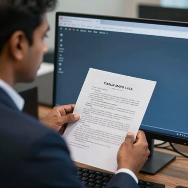 An over-the-shoulder photograph of a South Asian / Indian professional reviewing legal documents on a large monitor in a sophisticated office. The color palette features dark navy and steel blue, emphasizing a mood of thoroughness and legality.