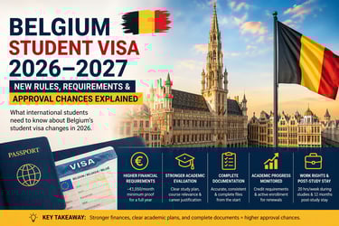 Belgium student visa 2026-2027 requirements guide featuring Brussels architecture and Belgian flag.