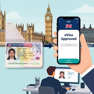 Digital UK eVisa approval displayed on a smartphone screen with the Big Ben and London skyline background.