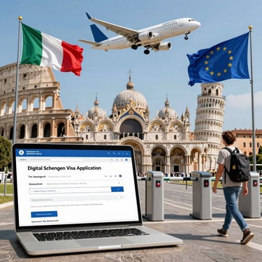 Digital Schengen Visa application on a laptop with Italian landmarks and an airplane for European travel.