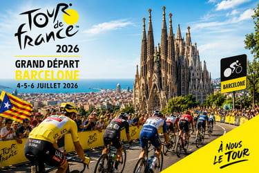 Cyclists racing in the 2026 Tour de France Grand Depart in Barcelona past the Sagrada Familia.