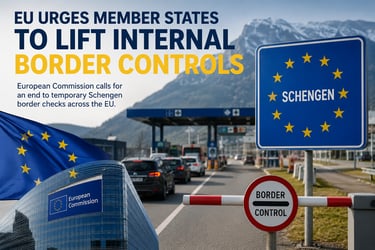 EU graphic showing a Schengen border control checkpoint with cars and the European Commission building.