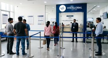 People queuing at a VFS Global visa application centre with security and signage.