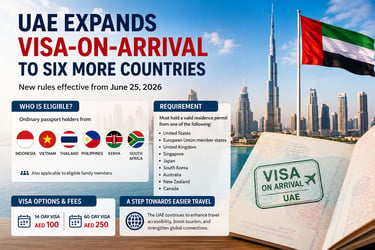 UAE visa on arrival announcement for six countries with Burj Khalifa and Dubai skyline background.