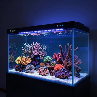 A modern saltwater reef aquarium with vibrant coral colonies under blue LED lighting.