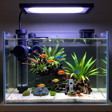 Small freshwater aquarium with colorful fish, green aquatic plants, and LED lighting setup canister 