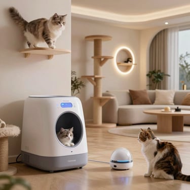 Smart self-cleaning automatic litter box in a modern living room with fluffy cats and cat furniture.