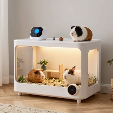 Modern smart guinea pig habitat with climate control sensors and three colorful cavies inside a white enclosure.