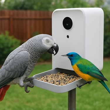 An African Grey parrot and a colorful songbird at a smart bird feeder with a camera.