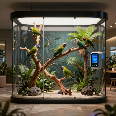 Smart glass bird aviary with tropical plants and colorful parrots perched on wooden branches.