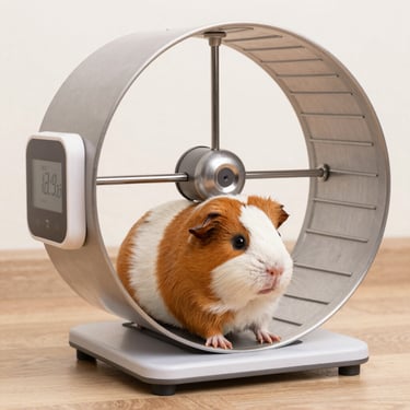 A brown and white guinea pig sitting inside a modern metal exercise wheel with a digital display tracker.