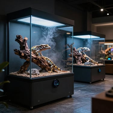 A leopard gecko on a branch inside a modern glass reptile terrarium with smart climate controls.
