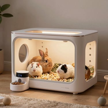 Smart indoor habitat for small pets featuring a rabbit and guinea pigs with an automatic feeder.