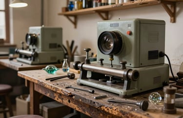 An interior shot of a traditional Spanish / Aragonese glass workshop with vintage cutting tools alongside modern equipment, warm lighting, reflecting decades of history and established expertise.
