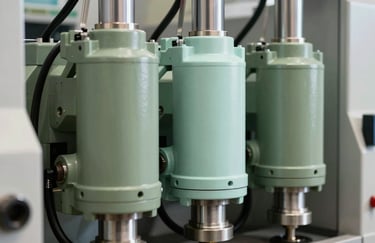 A close up of eco-friendly industrial hydraulic components on a machine, clean and well-maintained, sage green and pale mint colors.