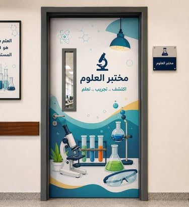 استكر مطبوع بتصميم تعليمي مثبت على باب مختبر العلوم