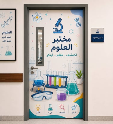 استكر مطبوع بتصميم تعليمي مثبت على باب مختبر العلوم