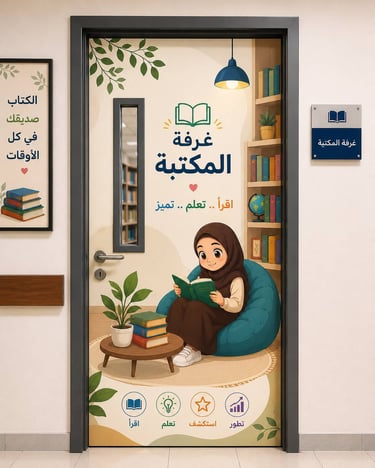 صورة توضح تركيب أستكرات أبواب غرفة المكتبة بتصميم مكتبي هادئ في إحدى مدارس الرياض.