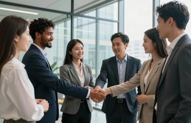 A diverse team of professionals shaking hands in a bright, modern US glass office, signifying a successful partnership.
