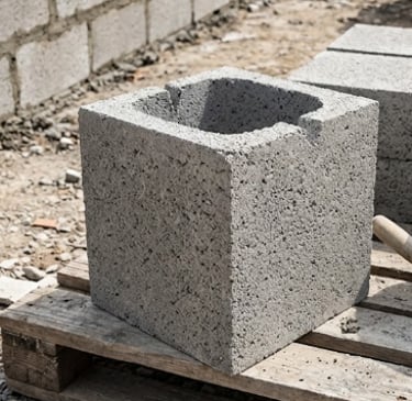 Meio bloco de concreto com detalhe do formato interno, posicionado em uma obra para garantir o encai