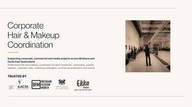 Professional corporate hair and makeup coordination services for team headshots and media projects in Brisbane.