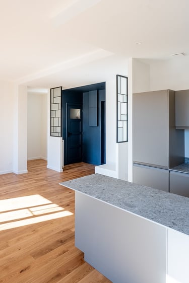 Image de l'appartement rue Nicolaï, l'entrée avec l'encadré bleu
