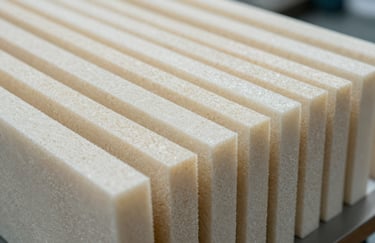 A technical photograph showing the cross-section of high-quality insulation materials. The sage and off-white components are neatly arranged, conveying a sense of order, efficiency, and modern engineering.