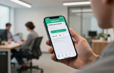 A smartphone displaying a clean mobility payment app interface, held by a person in a modern South American office environment.
