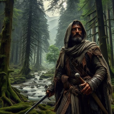 A bearded man in a hood carrying a medieval sword stands by a stream in the forest surveying his location