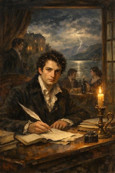 Painting of John Polidori, a handsome young 19th century man sitting at a writing desk