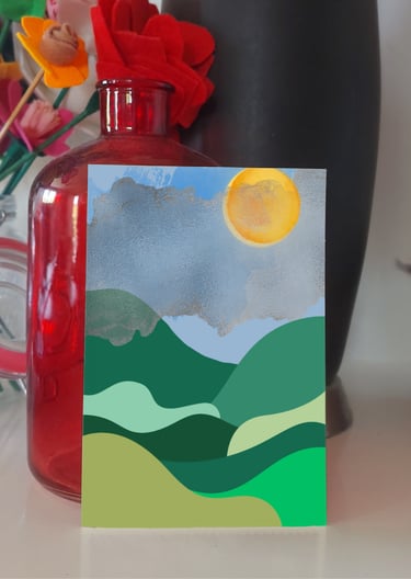 Landscape design postcard with vase of flowers and lamp