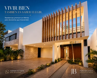 Modern luxury villa in Merida with white facade, wooden accents, and contemporary architectural design.