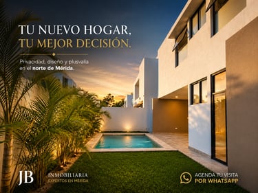 Modern luxury house in north Merida featuring a private pool, lush garden, and contemporary architecture at sunset.