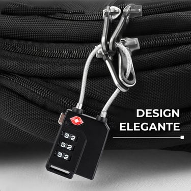 Black TSA approved combination cable lock securing a zipper on a travel backpack for luggage safety.