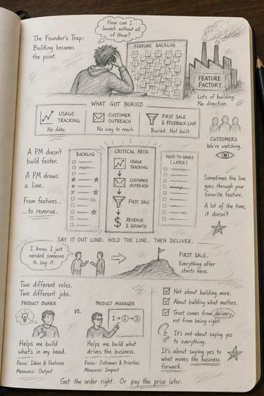 Pencil sketch of the differences between product owners and managers